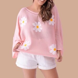 BiBi Pink Floral Daisy Knit Sweater